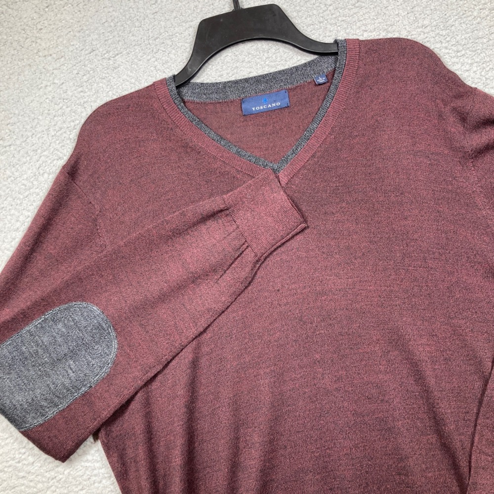 Toscano V Neck Sweater Mens L Burgundy Lightweight Elbow Patch Merino Wool Blend
